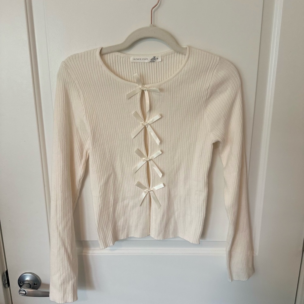 Altar'd State Cream Ribbed Tie Front Bow Top, Women’s XS